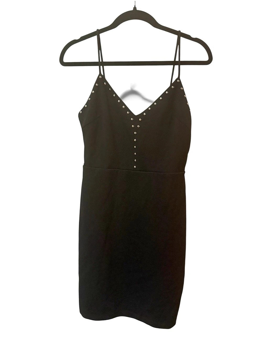 Y2K Black Studded Mini Dress Size 7 Spaghetti Strap Bodycon Party Dress